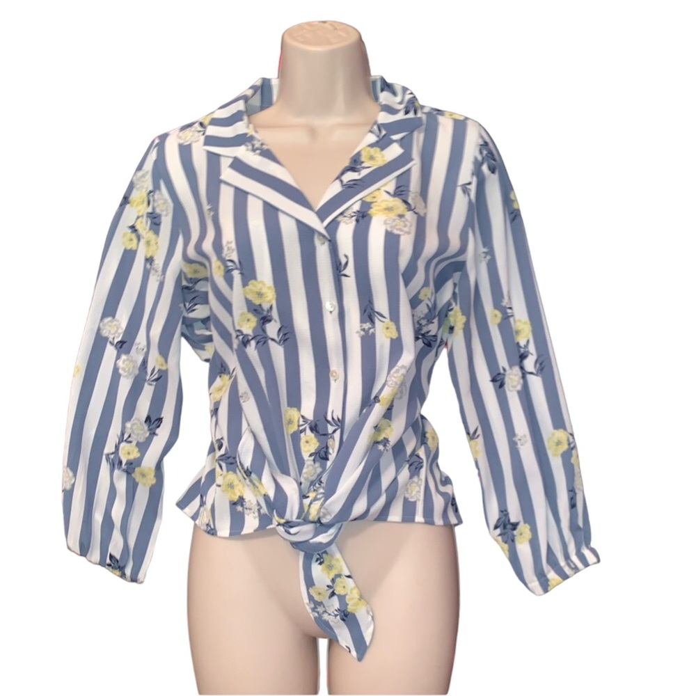 Ann Taylor long sleeve white/ blue Stripe Top, MPetite